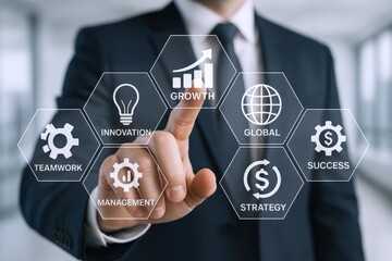 Business Professional Demonstrating Growth Strategy on Virtual Interface: Teamwork, Innovation, Management, Global Success