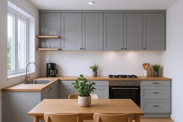 Fototapeta premium Modern Kitchen Interior Design with Gray Cabinets, Wooden Countertops, and Natural Light