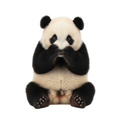 Obraz premium Adorable Giant Panda Cub Sitting and Covering Its Mouth in a Studio Setting