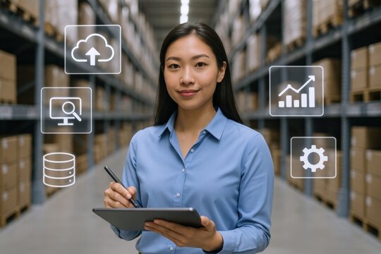 Asian Woman Managing Warehouse Inventory with Digital Tablet and Cloud Technology for Optimization