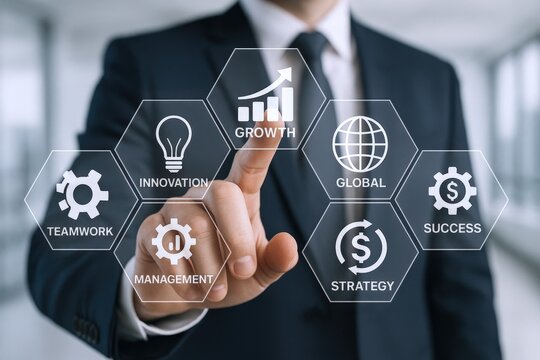 Business Professional Demonstrating Growth Strategy on Virtual Interface: Teamwork, Innovation, Management, Global Success