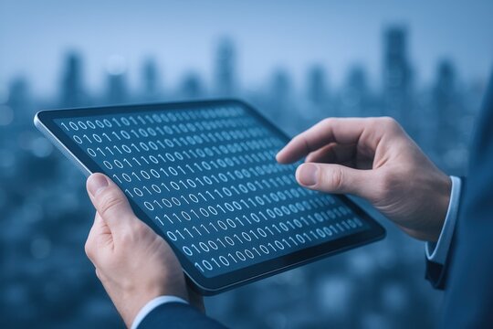 Digital binary code on tablet held by professional, showcasing data analysis and technological advancement