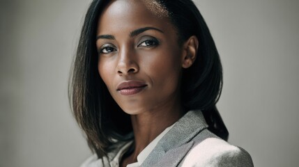 Corporate Confidence Portrait dark skinned professional woman in a blazer, clean light gray business background, sharp focus on , open left side
