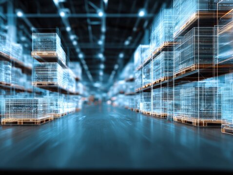 Modern Warehouse Interior with Abstract Digital Overlay Showcasing Technology and Efficient Logistics Solutions