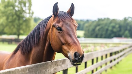 Fototapeta premium Beautiful Morgan Horse Gazing Over Rustic Wooden Fence in Picturesque Rural Landscape at Sunset