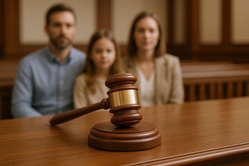 Family court: Gavel on table, parents and child in background awaiting legal decision