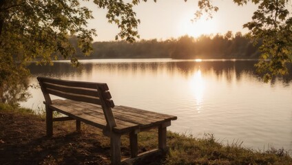Fototapeta premium Tranquil wooden bench by a lake at sunrise. Lush trees frame the tranquil scene