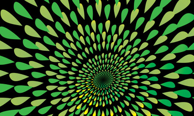 Vector abstract 3d background with curved leaf or petal patterns, bright color gradations on a black background, creating the illusion of depth and futuristic dynamic rotating movement.