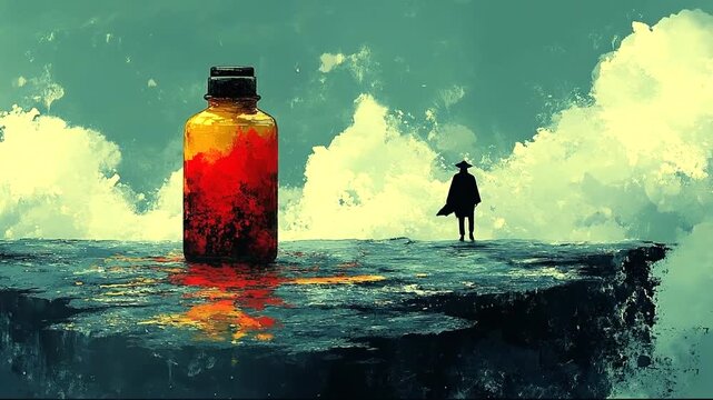 Mysterious figure near a glowing potion on a cliff