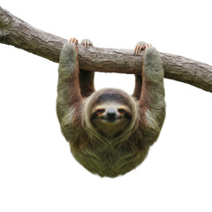 Obraz premium Adorable sloth hanging from a tree branch in a tropical rainforest habitat with a black background