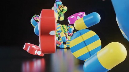 Animated colorful pills and capsules floating medicine concept - Powered by Adobe