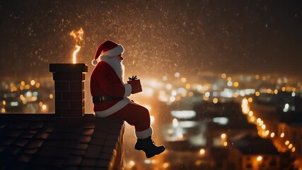 Santa claus sits on chimney rooftop observing city lights at night