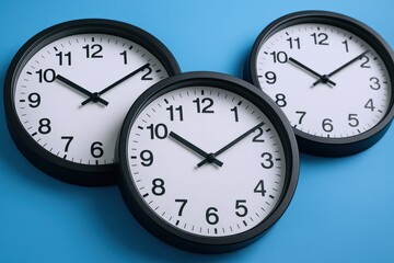 Multiple Analog Clocks Displaying Different Times on a Blue Background, Concept for Time Management
