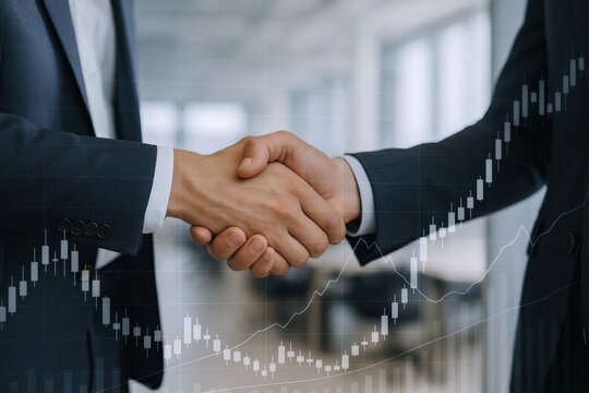 Business Agreement Handshake with Financial Graph Overlay, Representing Partnership, Investment, and Successful Collaboration in Modern Office Setting