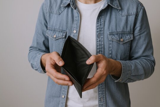 Depleted Wallet Held by a Person, symbolizing Financial Crisis, Bankruptcy, and Economic Hardship in modern times