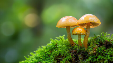 Macro fungi emerging from moss, smooth blurred background
