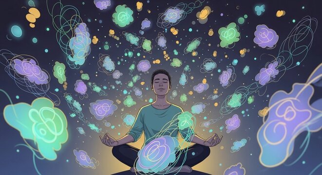 &ldquo;Young Person Meditating in a Peaceful Space Surrounded by Floating Colorful Energy Clouds and Abstract Thought Forms Representing Inner Calm and Creativity