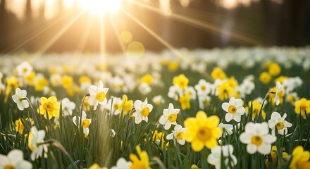 Golden sunbeams shine on a field of blooming daffodils in spring
