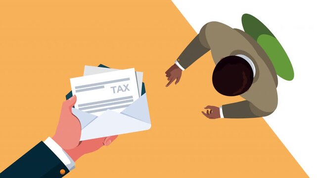 Two figures face each other One holds a tax bill the other points at it. Flat graphic animated cartoon