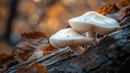 Macro white mushrooms on decaying log, natural textures