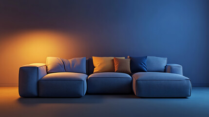 Minimal sectional sofa scene with soft ambient light