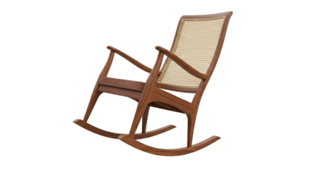 Elegant rocking chair with walnut wood frame and woven cane backrest isolated on a bright seamless backdrop showing refined design and comfort for