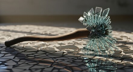 Abstract composition of a mallet with a wooden handle and fragmented glass head surreal