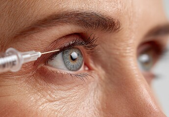 Woman Receiving Cosmetic Injection Near Eye, Close-up of Procedure for Wrinkle Reduction and Facial Rejuvenation