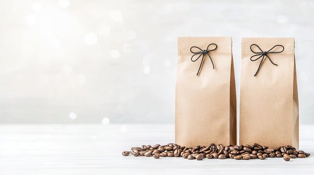 Two brown kraft paper bags tied with black string bows stand on a white wooden surface, surrounded by roasted coffee beans. A soft, blurred background with boke