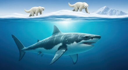 Polar clash underwater encounter featuring a great white shark and polar bears in the arctic ocean