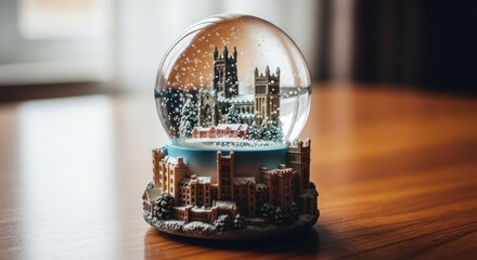Miniature winter wonderland: A detailed snow globe capturing architectural charm and festive
