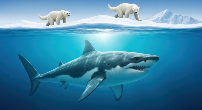 Polar clash underwater encounter featuring a great white shark and polar bears in the arctic ocean