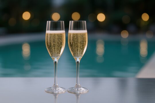Two Glasses of Sparkling Wine Toasting Celebration at Poolside, Tropical Vacation Getaway, Bokeh Background