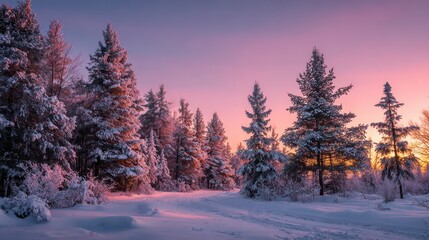 Naklejka premium Snow covered pine forest at sunrise with pink and purple sky winter trees