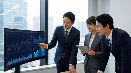 Group of business people working together in a meeting room with graph chart