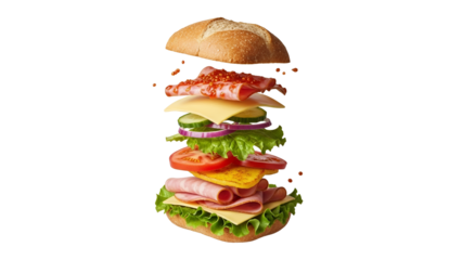 Deconstructed sandwich concept illustrating food presentation and layers of ingredients on white background isolated showing culinary art and