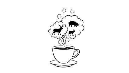 Steaming hot cup of coffee with thought clouds containing silhouettes of wild forest animals line art drawing.