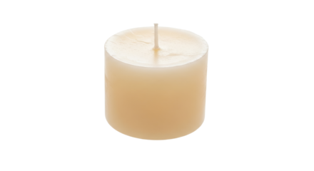 Isolated ivory votive candle creating ambiance with a soft glow on a plain white background enhancing relaxation and warmth portraying calmness and