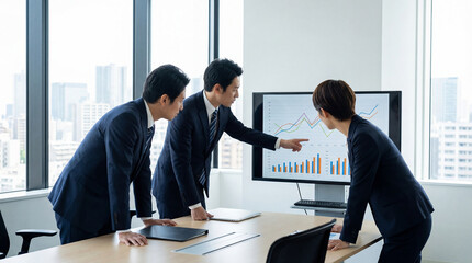 Businessman and businesswoman discussing data in meeting room at office.