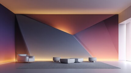 empty room with a giant geometric gradient mural, smooth but sharp edged shapes, color transitions from neon to deep tones, modern minimal
