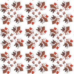 Seamless pattern of autumn maple leaves, isolated on white background
Seamless pattern of autumn maple leaves in brown and red, arranged in repeating clusters, creating a warm and natural fall design,