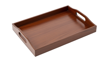 Elegant mahogany wooden serving tray with ergonomic handles presented on a minimalist white background ideal for culinary display and serving purposes