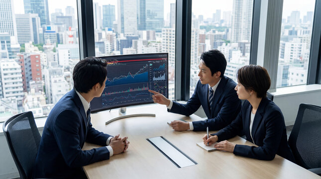 Group of business people discussing the charts and graphs showing the results of their successful teamwork