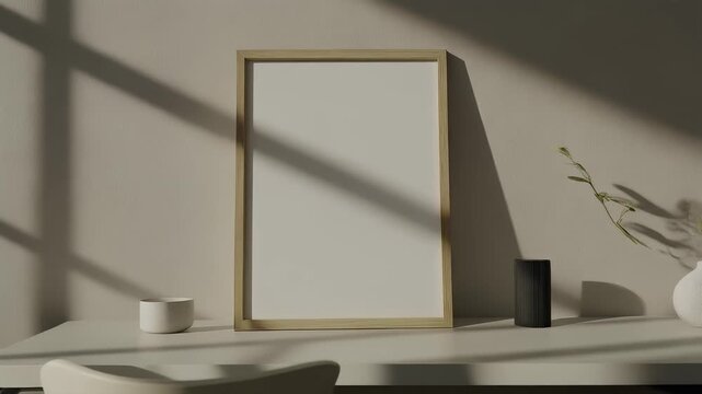 Aesthetic workspace scene featuring an empty vertical wooden frame mockup with soft sunlight and delicate shadows for showcasing artwork or photography