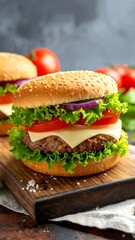 Delicious burger with fresh vegetables on wooden board