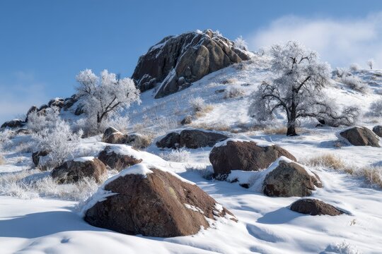 Snow covered rocky hill with frosted trees and blue sky winter landscape - Powered by Adobe