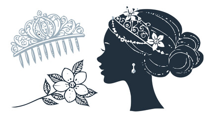 Elegant bride silhouette with flower accent, perfect for wedding invites, beauty salon promotions, and sophisticated branding, originally a scalable graphic