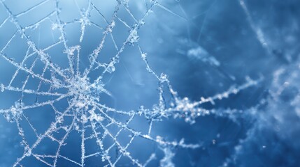 Frosted Web Luxury frozen spiderweb pattern forming crystalline geometry on cool blue background, delicate icy texture, luxury winter aesthetic