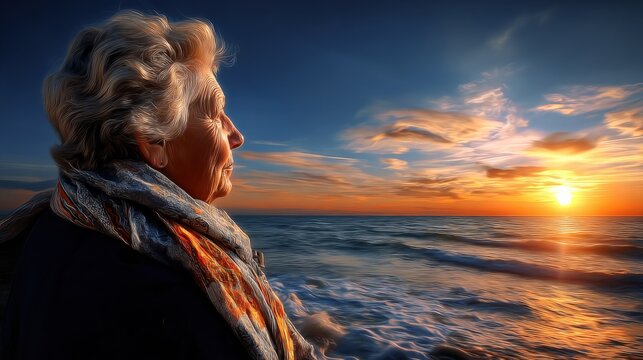 Senior woman gazing at sunset over ocean, contemplative moment of peace and reflection by the sea - Powered by Adobe