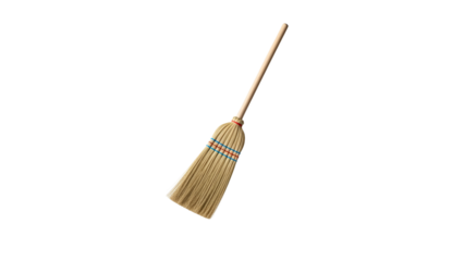 Rustic broom with natural bristles and colorful bands on pristine white background evokes tidiness and cleanliness of home environments